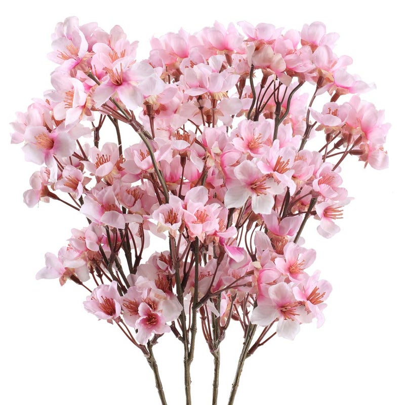 HO2NLE 4Pcs Artificial Cherry Blossom Branches: 15.7" Fake Cherries Silk Faux Spring Flowers Peach Arrangements for Home Wedding Bedroom Party Table Centerpiece Japanese Decor(Pink) - Image 1